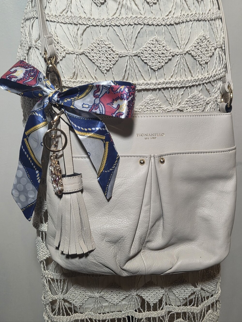 Tignanello Genuine Leather Cream Crossbody Bag